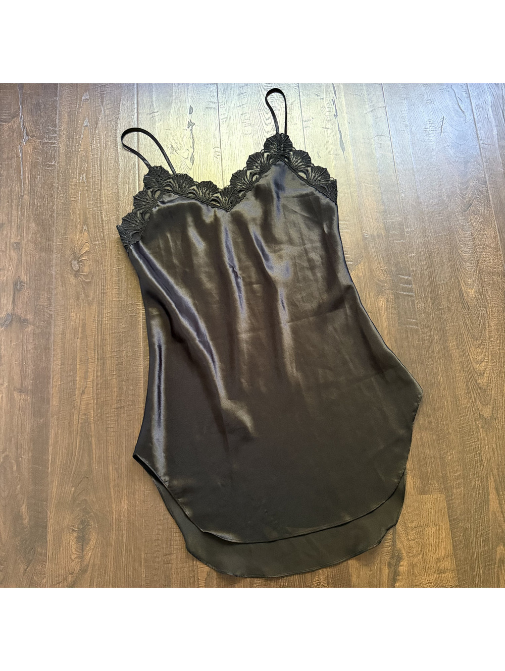Vintage 80s Victorias Secret Gold Label Black Satin Lace High Low Slip M